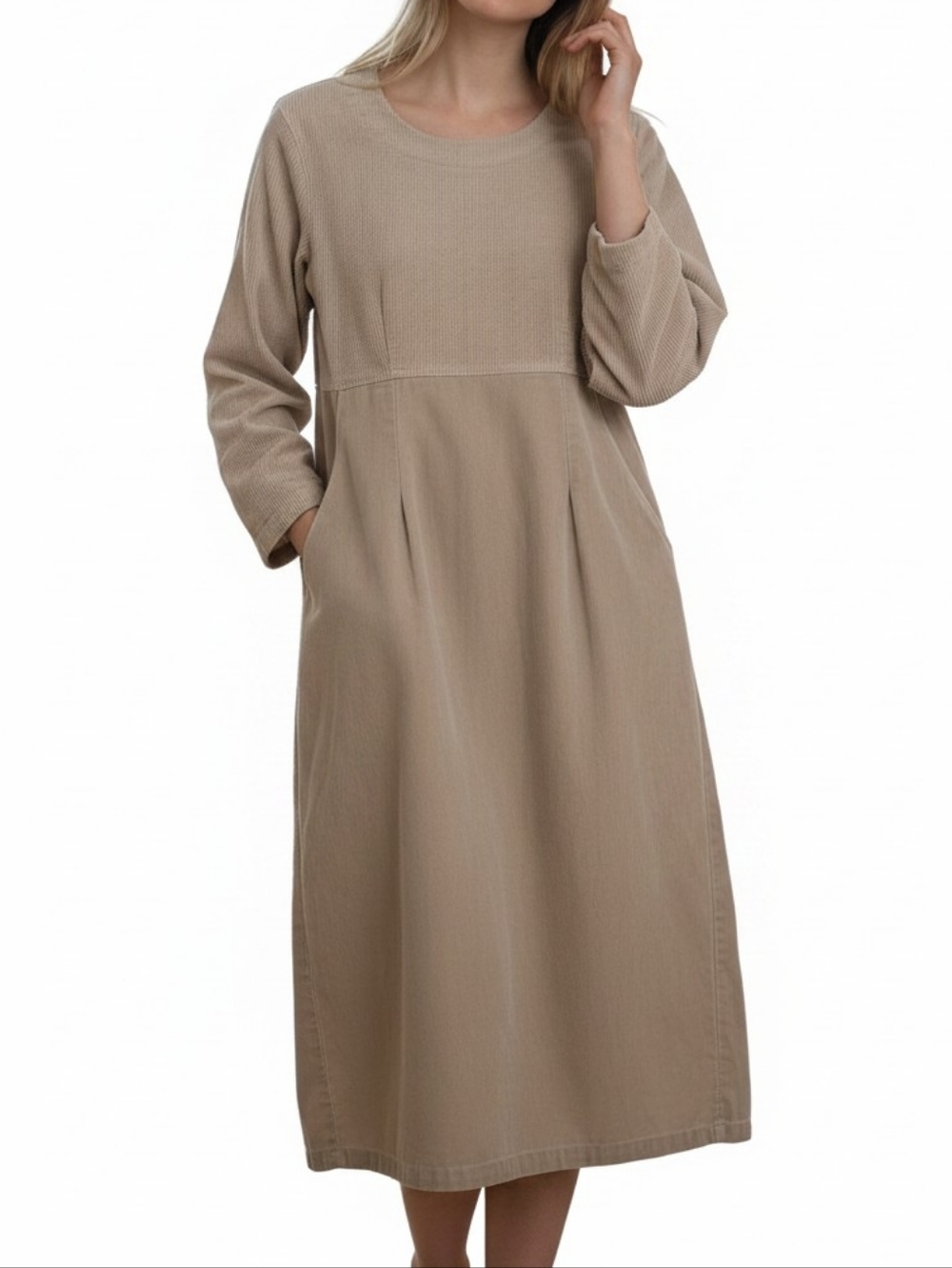 Vintage Beige Long-Sleeve Corduroy & Canvas Midi Dress